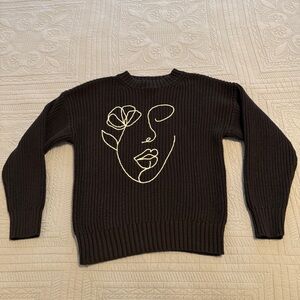 Forever 21  Sweater Black With White Embroidered Face And Rose Size Small